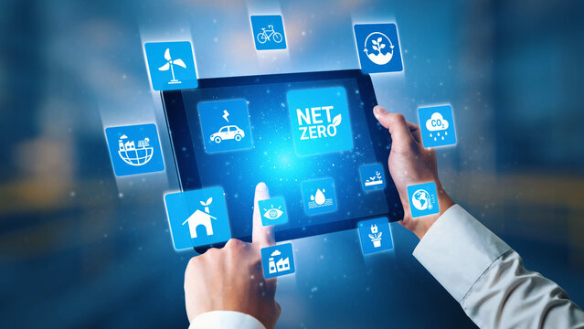 Net zero and sustainability concepts with environmental balance, digital sustainability icons, green energy goals, and eco-conscious digital business transformation for the future. Gist