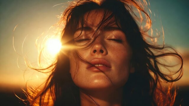 Woman with eyes closed facing sunset wind on coastal horizon