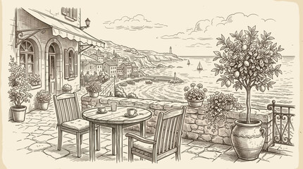 Fototapeta premium A charming sketch depicts an outdoor cafe terrace overlooking a picturesque coastal town with a lighthouse and sailboats.