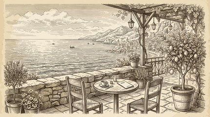 Obraz premium Hand-drawn sketch of a charming Mediterranean cafe terrace overlooking the sea, featuring a table for two, potted plants, and a coastal town in the distance.