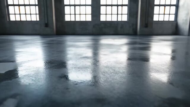 Empty industrial loft space featuring a polished concrete floor reflecting natural light from large windows, creating a clean and minimalist interior with ample room for various creative uses