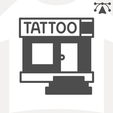 Tattoo studio house solid icon, storefront concept. Vector graphics. Parlor or studio house window with steps and an entrance door sign and editable stroke, glyph style icon for mobile or web design.