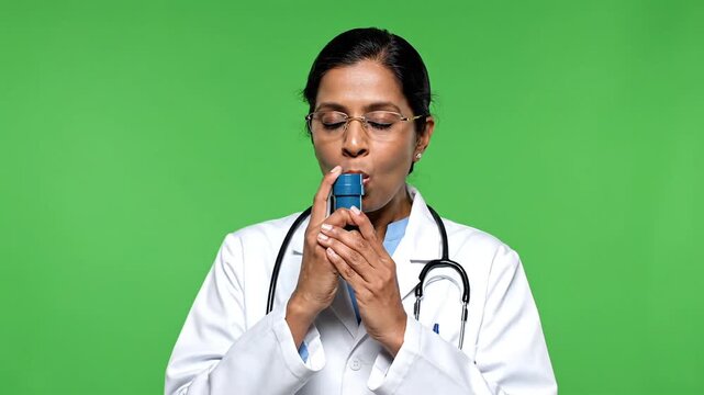 Young female doctor in a white coat using a nasal cannula to breathe air with a blue bottle