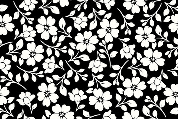 Seamless monochrome floral pattern featuring white blossoms and delicate leaves on a deep black background. Elegant repeat design ideal for fabric wallpaper and prints. © Fahhh