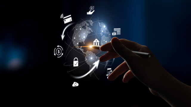 Worldwide digital payment network showing secure financial transactions. Digital payment supports transfer, digital payment ensures security, boosts convenience, drives global finance. Latch