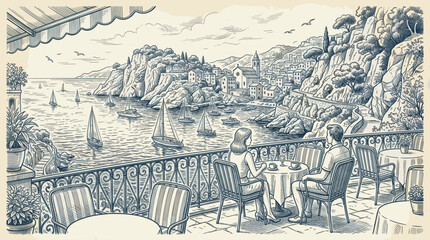 Obraz premium A romantic couple sits at a table on a balcony, overlooking a picturesque coastal town with sailboats in the harbor.