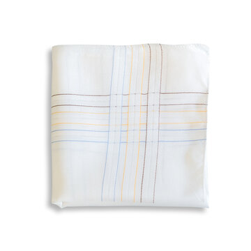 Neatly folded white cotton handkerchief decorated with delicate blue, yellow, and brown pinstripes, isolated on a white background.