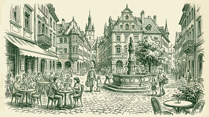 Obraz premium Hand-drawn sketch of a bustling old European town square with a decorative fountain, charming buildings, and people enjoying outdoor cafe seating.
