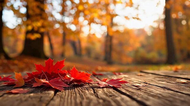 Autumn leaves on wooden surface