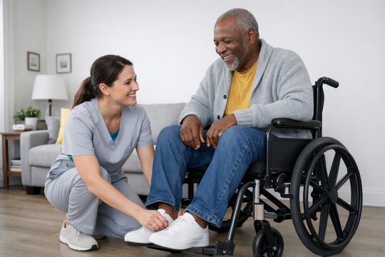 Caregiver assisting senior man in wheelchair at home setting. Ai generative