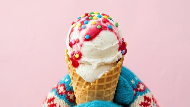 Woman wearing patterned winter mitten holding vanilla ice cream cone with syrup and colorful sprinkle. Frozen dessert treat served during cold holiday season.