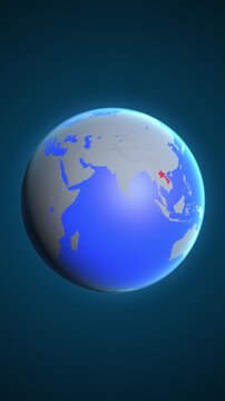 The animation shows a graphic representation of the earth and highlights the location and map of Laos colored red in vertical format.