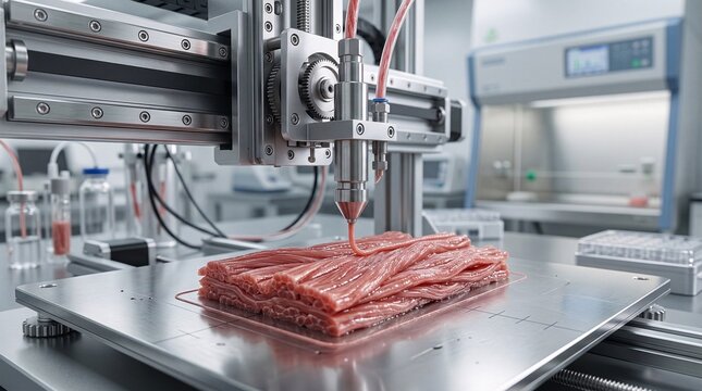 Close-up displaying a synthetic meat bio-printer extruding perfect muscular tissue layer by layer onto a pristine stainless steel plate.