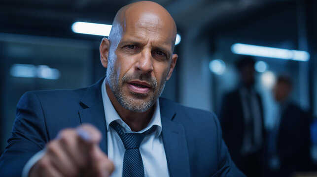 Stern mafia boss demanding answers in tense confrontation, close-up of crime leader in dark office with bodyguards standing blurred behind, intimidation and organized crime power