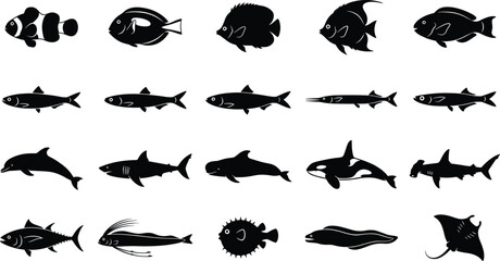 Set of marine life icons including shark, whale, dolphin, ray, tuna, and various tropical reef fish vector silhouettes, isolated © Hanifer