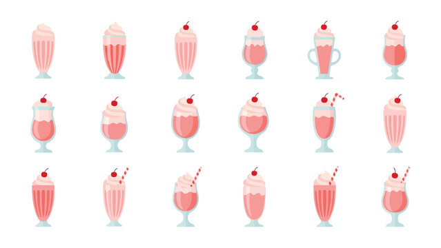 Collection of various pink milkshake and smoothie icons in different glass shapes with cherries