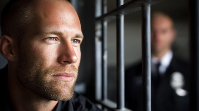 Middle-aged man behind bars, close-up portrait of remorseful inmate with stern guards defocused in background, low-key cinematic lighting, tense atmosphere, weathered face and