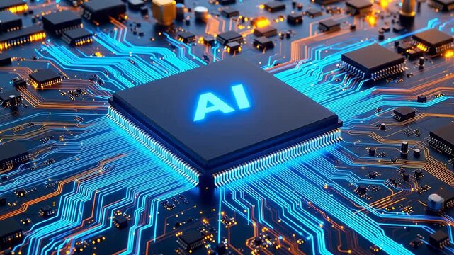 AI chip on circuit board with glowing lines