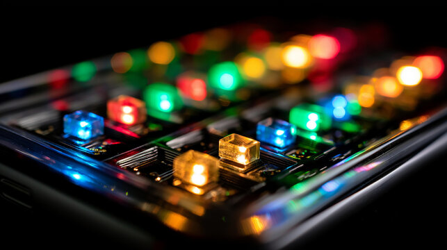 Colorful smartphone screen pixels in macro view, red green blue subpixel grid glowing with backlight, extreme close-up of digital display matrix revealing LED technology
