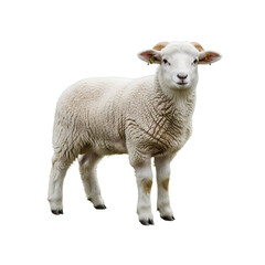 Fototapeta premium A young sheep stands on a white background looking at the camera.
