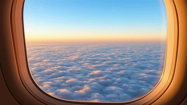 Airplane window view of clouds at sunset