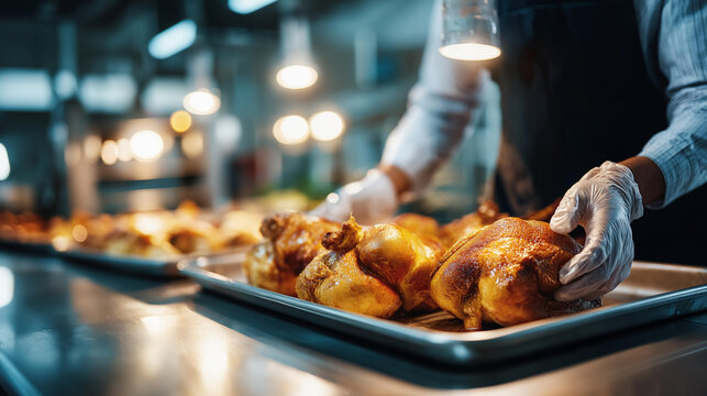 Faceless worker wearing protective gloves examining turkey poultry carcasses on stainless steel inspection table under bright facility lights, routine food safety inspection