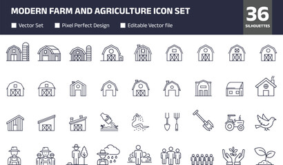 Modern farm and agriculture icon set featuring barns tools farmers livestock and rural elements minimal line vector collection for infographic web and mobile design © GeetaRani