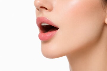 Naklejka premium Closeup of lips and lower face on white background. Ai generative