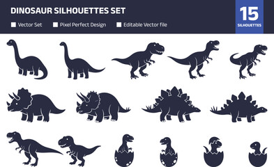 Set of dinosaur silhouettes including T rex, triceratops, stegosaurus and hatching eggs, minimalist vector illustration collection isolated on white background, prehistoric design elements © GeetaRani