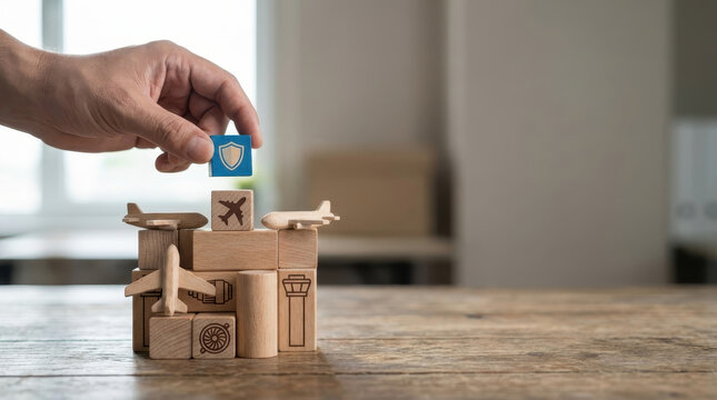Wooden block aeroplane insurance travel safety protection shield airport risk concept hand toy model secure security transport aviation aircraft pilot holiday vacation journey flight tower
