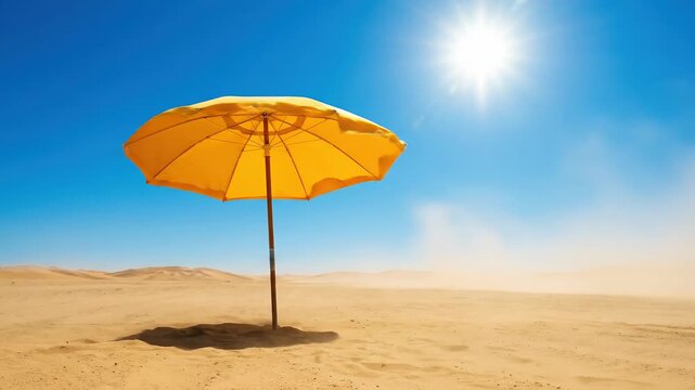 Yellow parasol standing in the middle of a vast sunny desert. Sandstorm blowing around a beach umbrella under bright blue sky. Climate change heat concept.