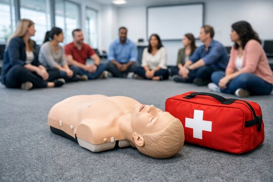 CPR training session with manikin and kit on floor."" Ai generative