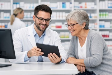 Obraz premium Pharmacist consulting senior customer in pharmacy with tablet device. Ai generative