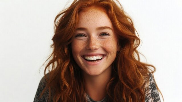 Redheaded young woman laughing with freckles in studio portrait