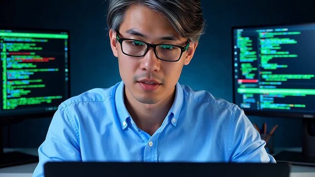 Man working on computer with code