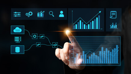 Fototapeta premium Data flow from database and cloud to processing and analytics dashboards, representing data analysis, automation, insight generation, and digital intelligence Latch