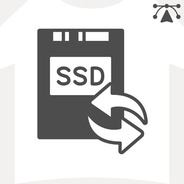 SSD disk and arrows solid icon, data lifetime cycle concept. Vector graphics. Solid state drive with rewrite, update sign and editable stroke, glyph style icon for mobile or web design.