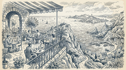 Obraz premium A charming sketch depicts people enjoying drinks and conversation at a quaint outdoor cafe perched on a cliff overlooking a picturesque Mediterranean village and sparkling blue sea.