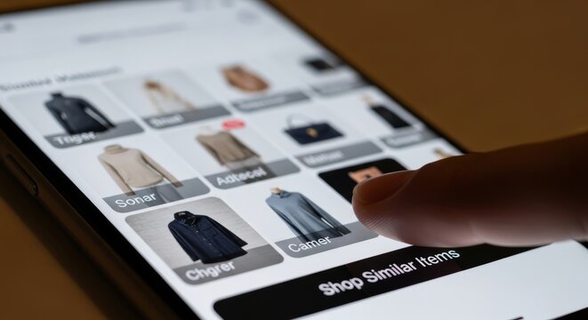 Finger tapping shopping app screen identifying clothes for visual product search. User browsing online store on smartphone. Innovative e-commerce technology for finding similar product.