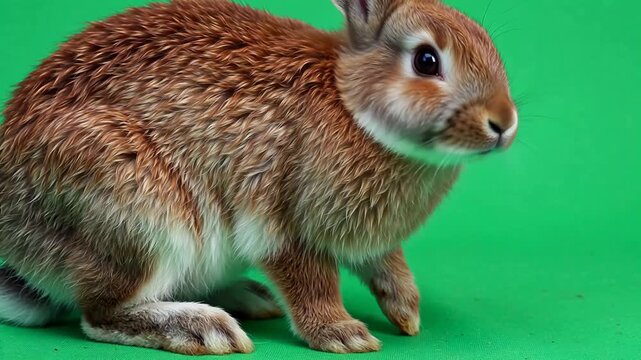 Wet brown rabbit on green background