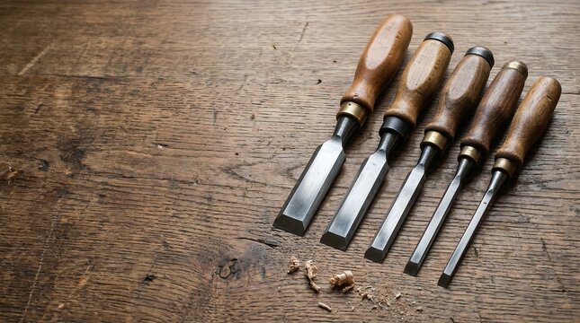 Five woodworking chisels with wooden handles on a wooden surface
