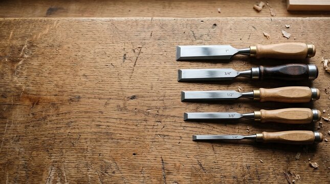 Set of wood chisels with different sizes on a wooden workbench