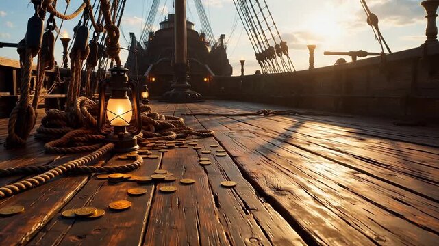 Wooden ship deck with lantern and coins
