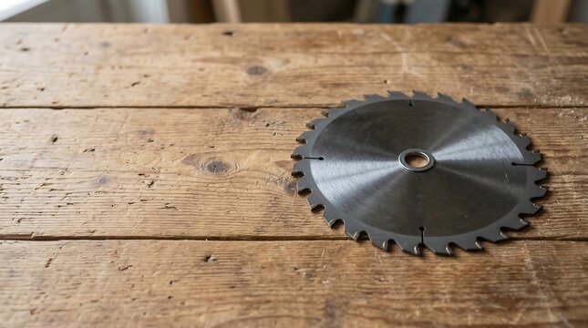 Circular saw blade on a wooden workbench for cutting wood
