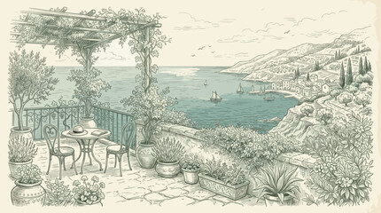 Obraz premium A charming illustration of a sun-drenched Mediterranean terrace overlooking a sparkling blue sea dotted with sailboats, offering a serene and idyllic escape.