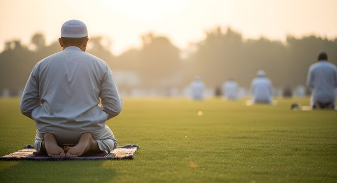 Back View of Muslim Men Gathering for Prayer at Dusk