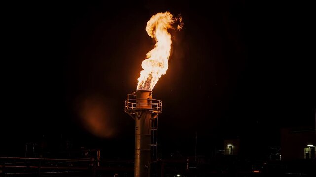 Nighttime medium shot of a tall flare stack emitting bright flames illuminating thick smoke and emphasizing continuous crude gas combustion in a dark industrial setting.