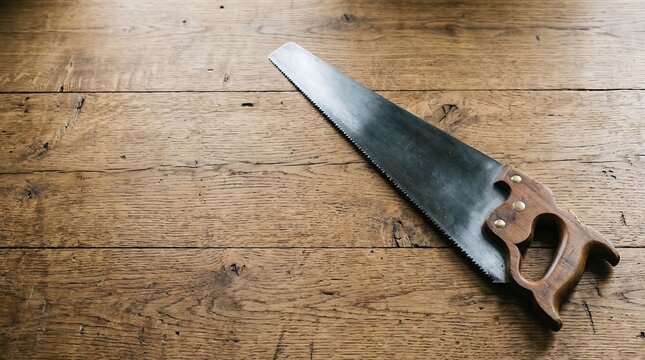 Vintage handsaw with wooden handle on rustic wooden floor background