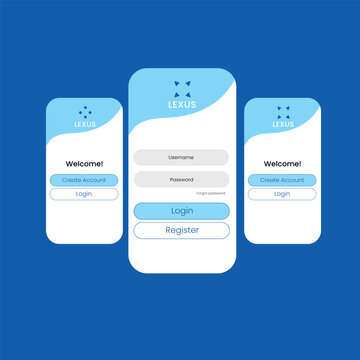 Modern blue and white user login and registration interface screens vector set for web and mobile apps