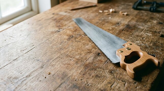 A handsaw with a wooden handle lies on a worn wooden workbench